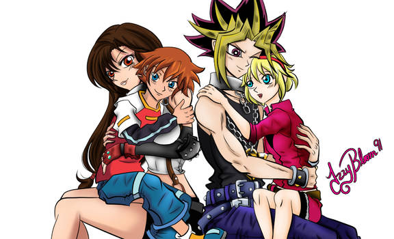 Tifa, Chris, Sherry and Yami Yugi hugging lol