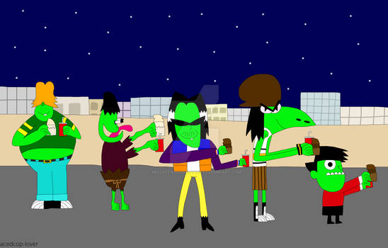 Gangreen Gang with cupcakes on a rooftop