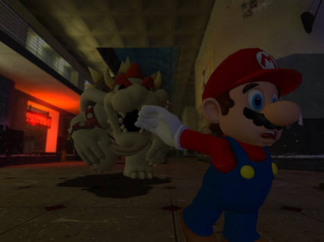 Dry Bowser chases Mario