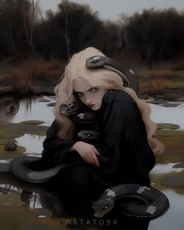 Girl with many black snakes on swamp