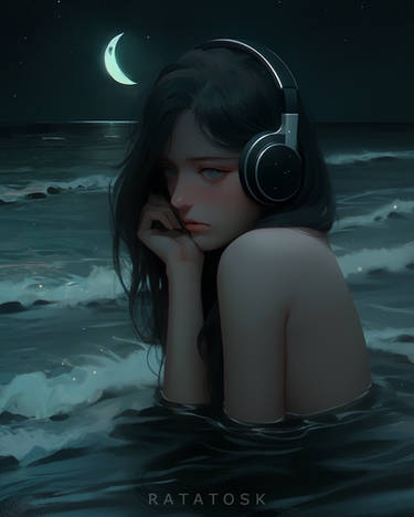 Girl with headphones in the sea on a moonlit night