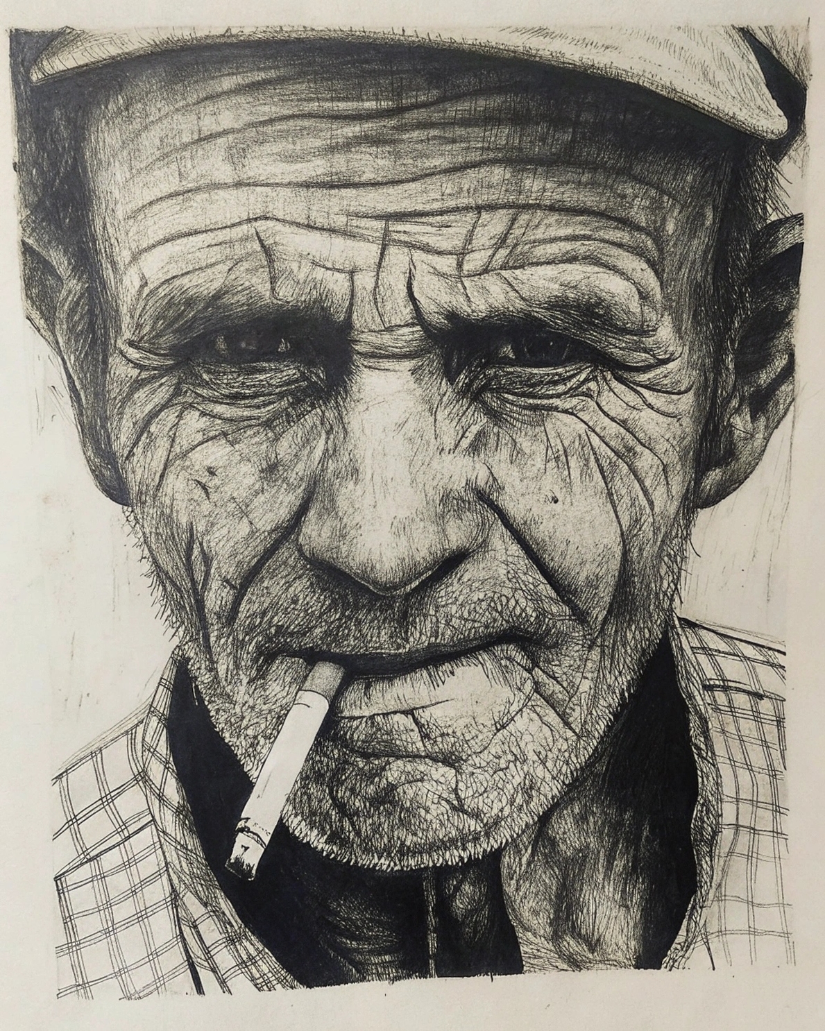 Old man with a cigarette (Charcoal on board)
