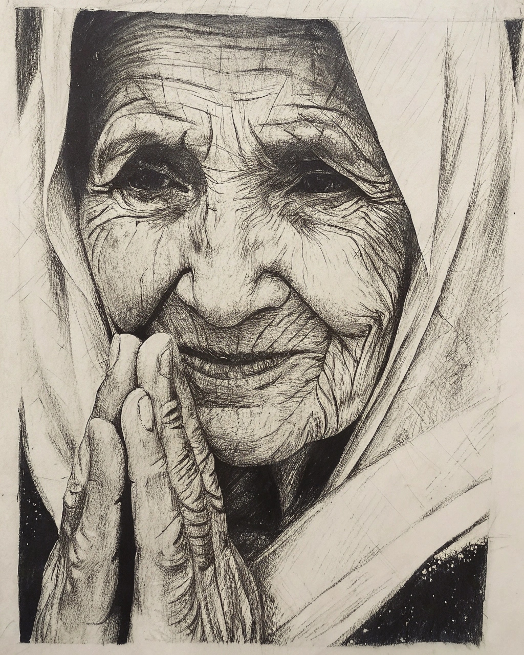 Old woman praying (Charcoal drawing)