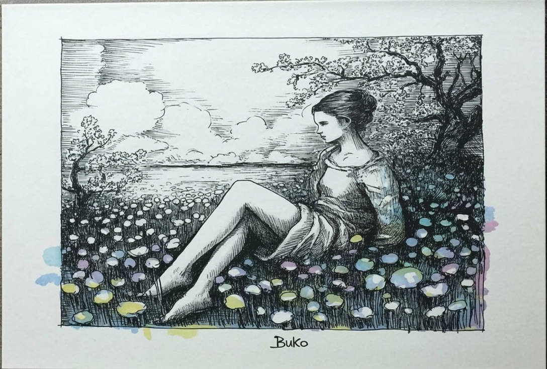 Fields Ink Drawing Serenity in a Flower Field (Ink drawing) by Bukoslav on DeviantArt