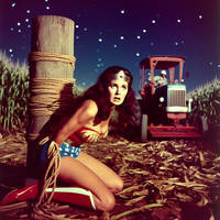 Wonder Woman tied up in a corn field