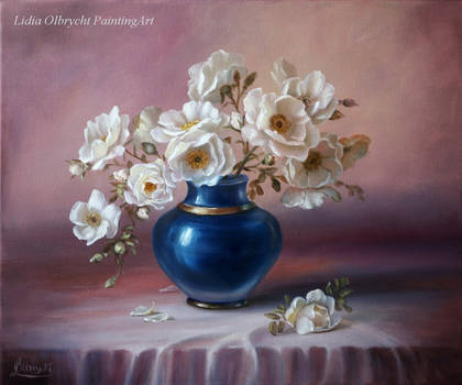 White Roses in a blue Vase /oil painting on canvas
