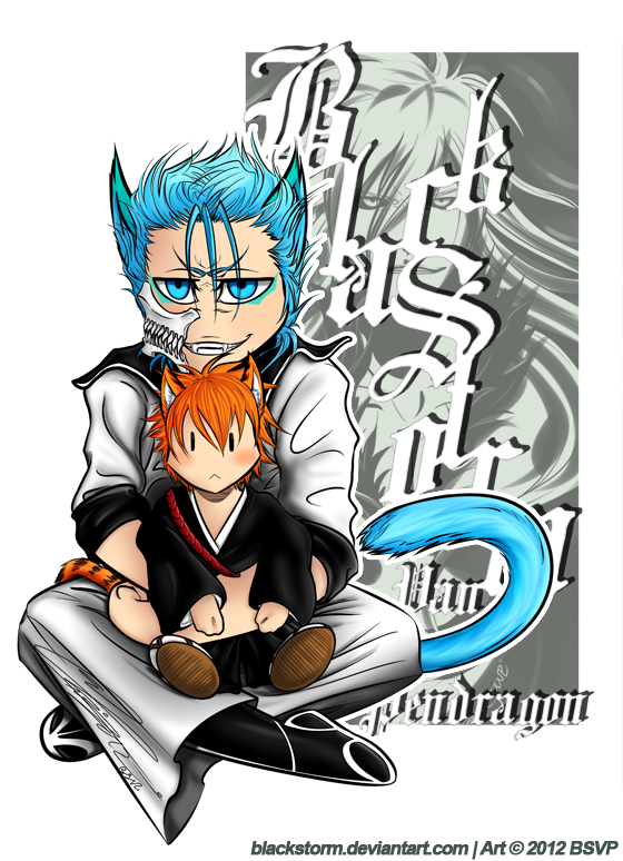 Chibi neko Grimmjow with neko Ichigo plushie ID by blackstorm