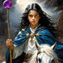 Alurian astride white moon horse carrying amethyst wizard staff