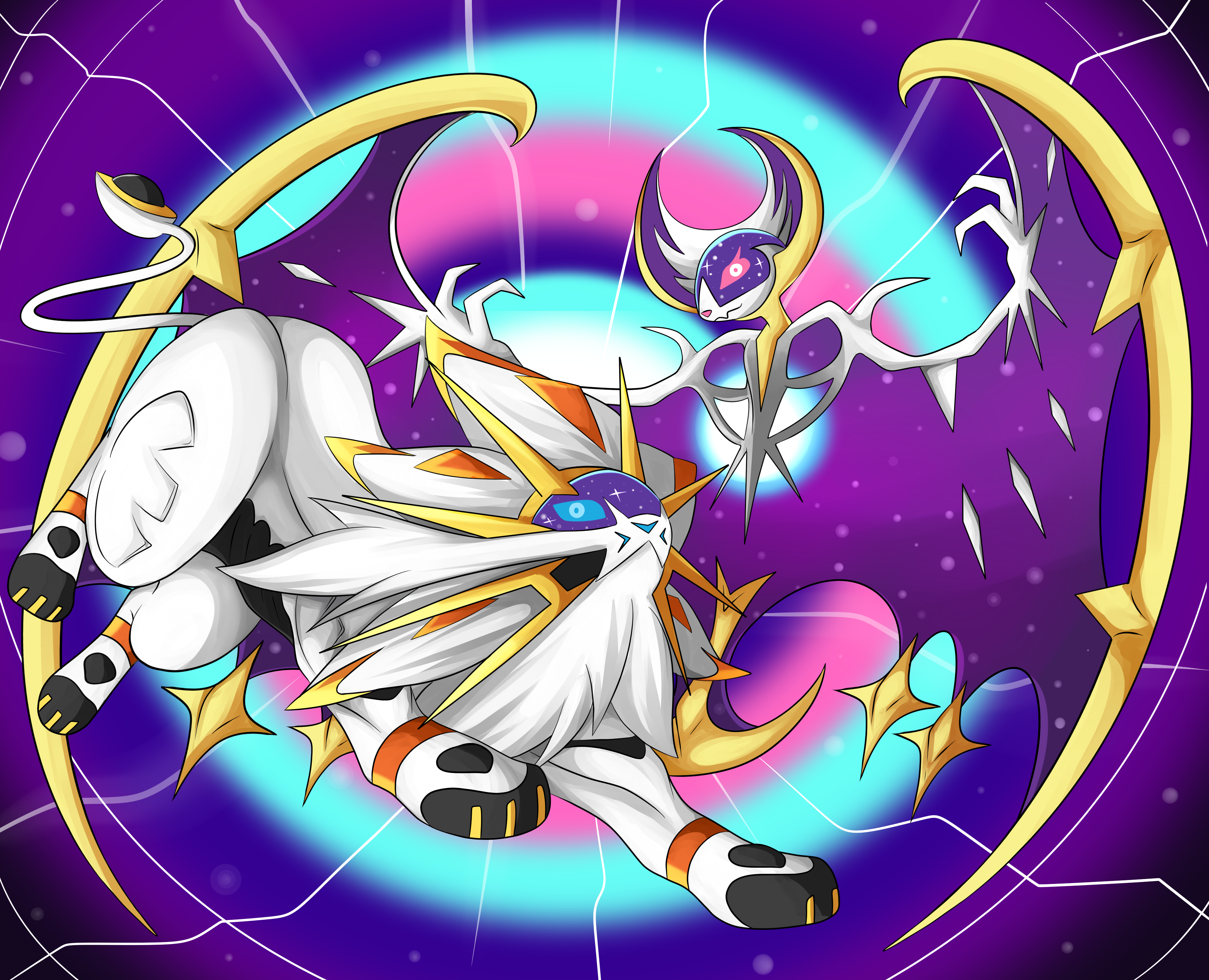 lunala and solgaleo (pokemon) drawn by mugita_konomi