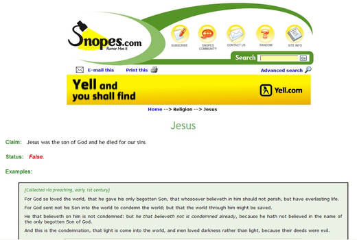 Snopes page on Jesus