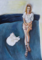 Selfportrait on Bed with Cat II
