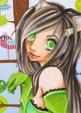 #507 ACEO green catgirl