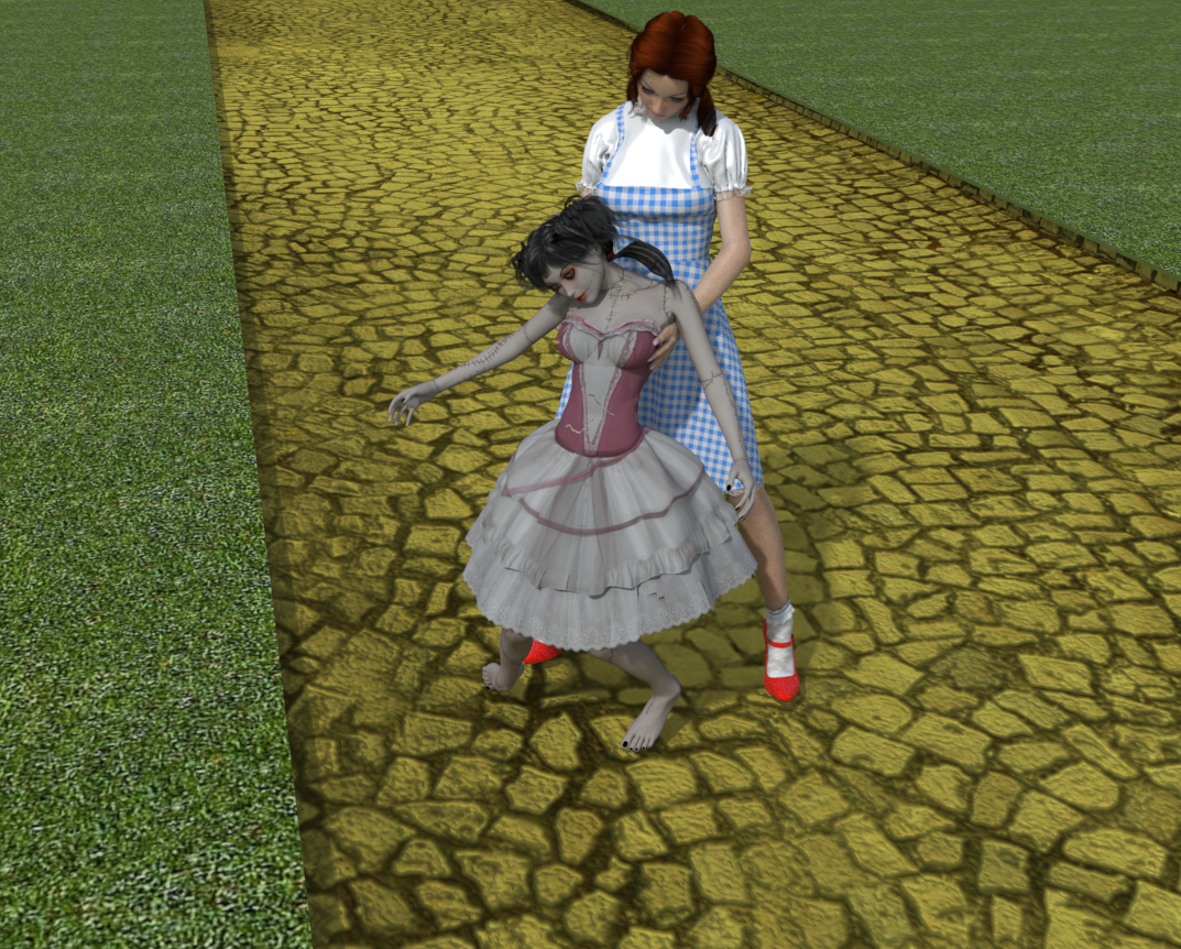 Dorothy tries to stand the raggedy doll up.