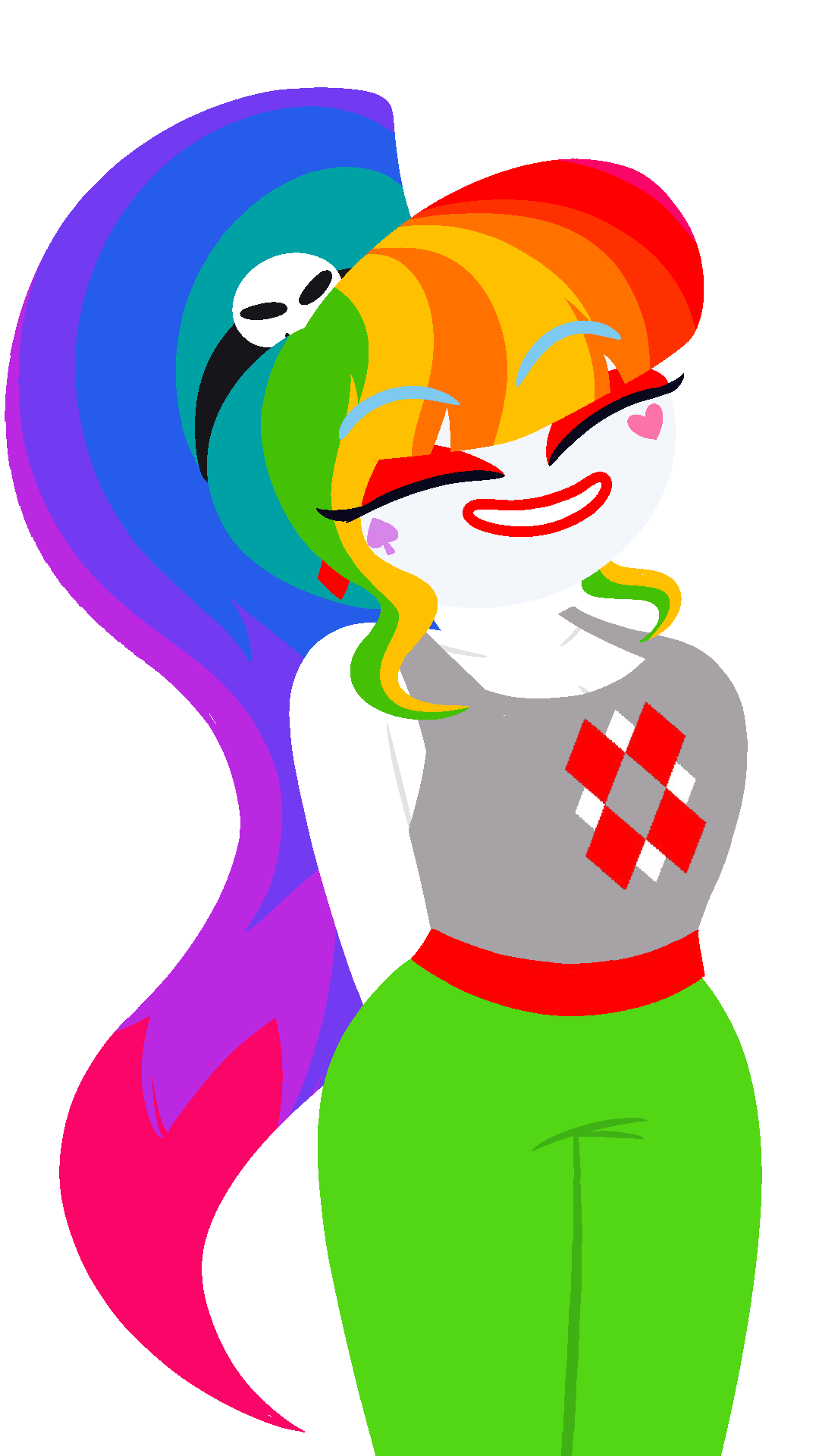 A drawing of Joculine smiling without her jacket.