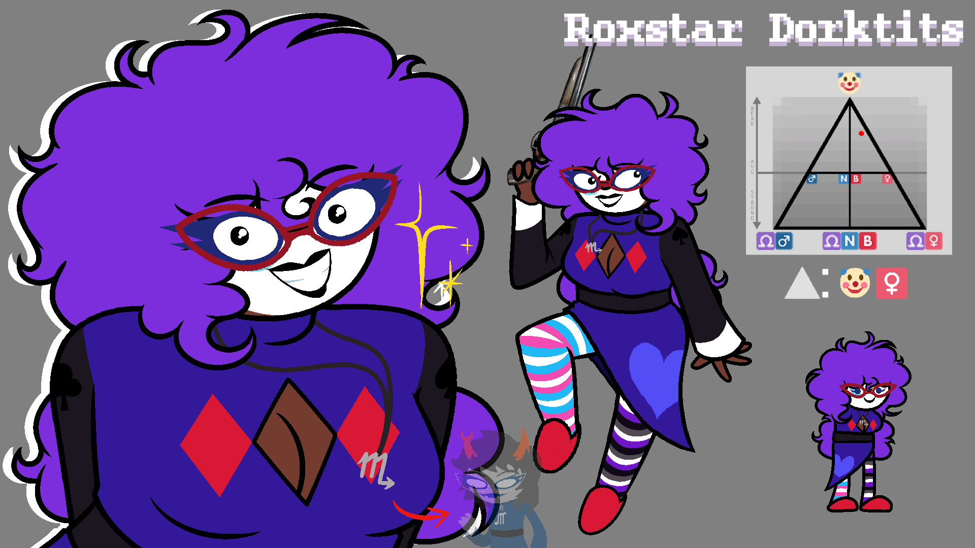 an image of a girl clownsona with a blue and black dress with some hearts, diamonds, club and spade patterns, as well as a diamond-shaped window in the chest. she has long curly purple hair, face paint and socks in the colors of the transgender and asexual flags