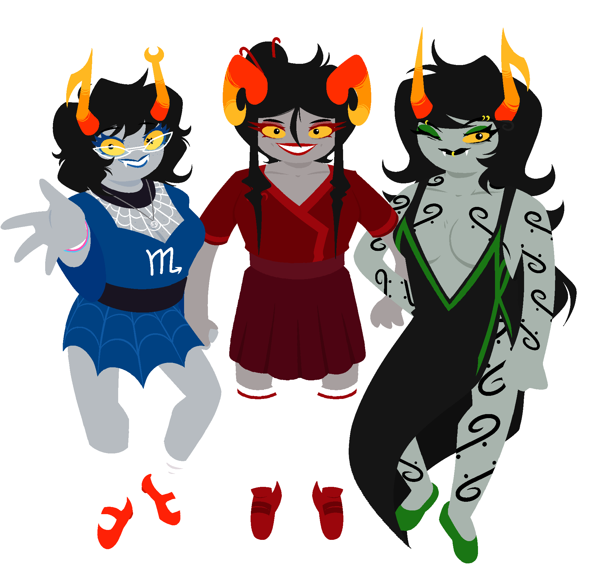 An image of, from left to right, Aranea, Damara and Porrim holding hands. Aranea is extending her hand towards the screen while smiling and wearing a bracelet with the colors of the transgender flag, Damara is smiling and Porrim is winking her right eye.