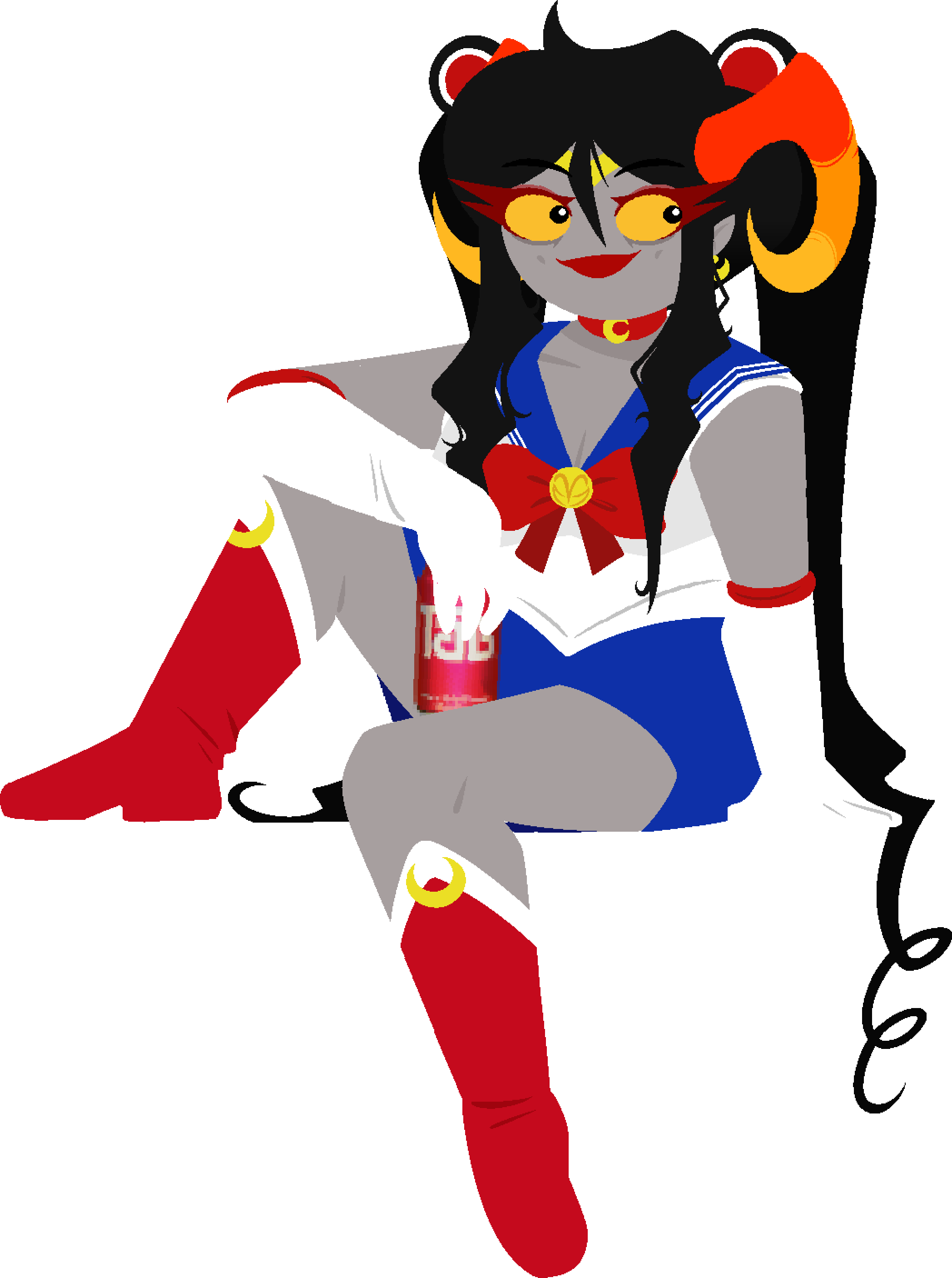Damara Megido in a Sailor Moon cosplay sitting with a can of Tab soda on her right hand.