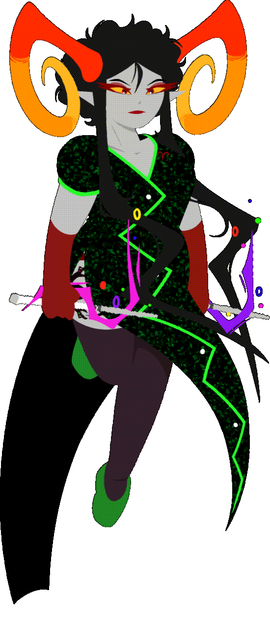 A gif of Demoness Damara levitating while holding her pool cue wands flashing with energy.