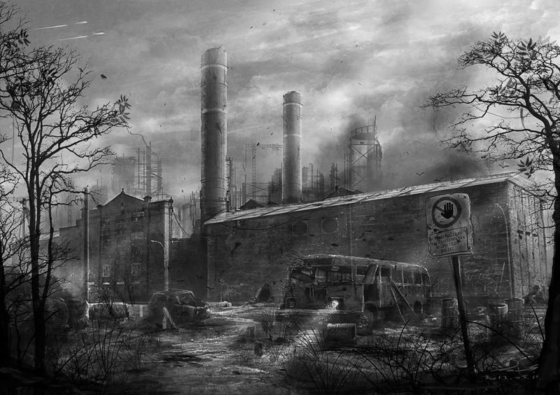 Industrial town. Мрачный завод. Мрачный Индустриальный пейзаж. Мрачный заброшенный город. Постапокалиптический пейзаж.