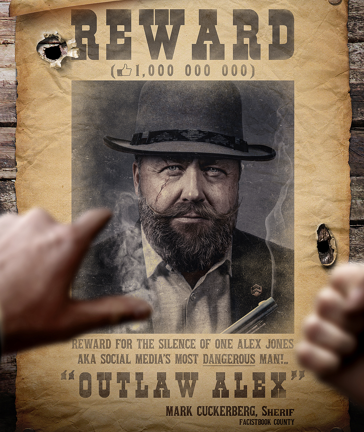 Amazing Art: Outlaw Alex Jones Wanted by Sheriff Mark Cuckerberg