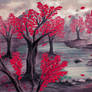 Red trees and turquoise pond