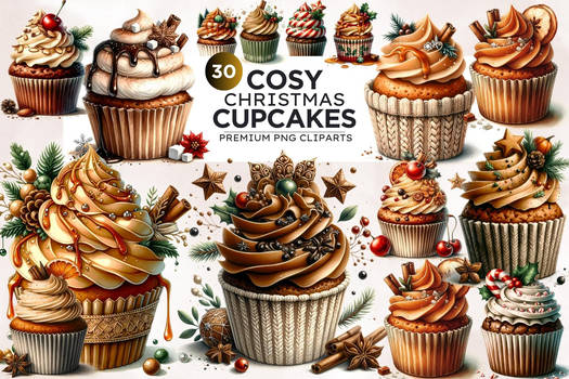 Watercolor Cosy Christmas cupcakes clipart