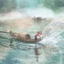 Fishing with net - watercolor painting