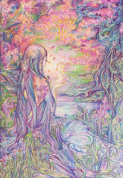 Lady by the Sakura Tree And River