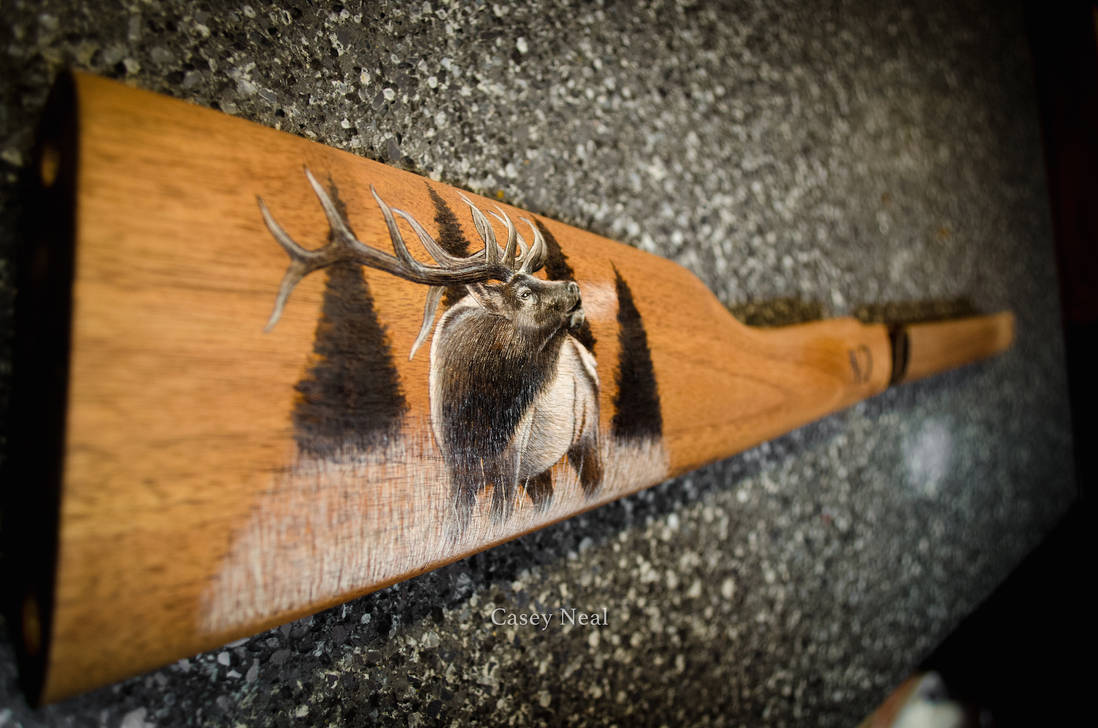 Elk Pyrography/Charcoal Gun Stock by CaseyNealArtwork on DeviantArt