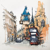 Watercolor sketch_London's big red bus,US