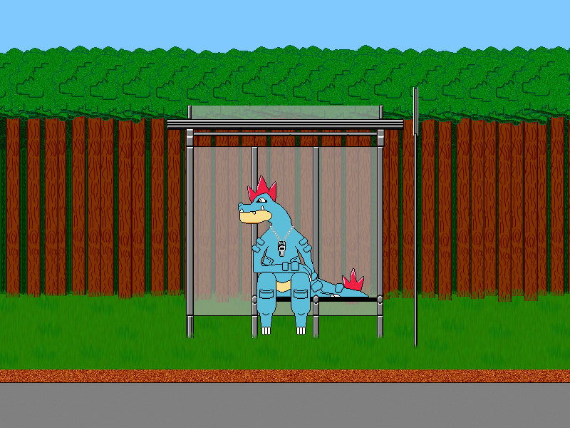 Chomper the Feraligatr at the bus stop