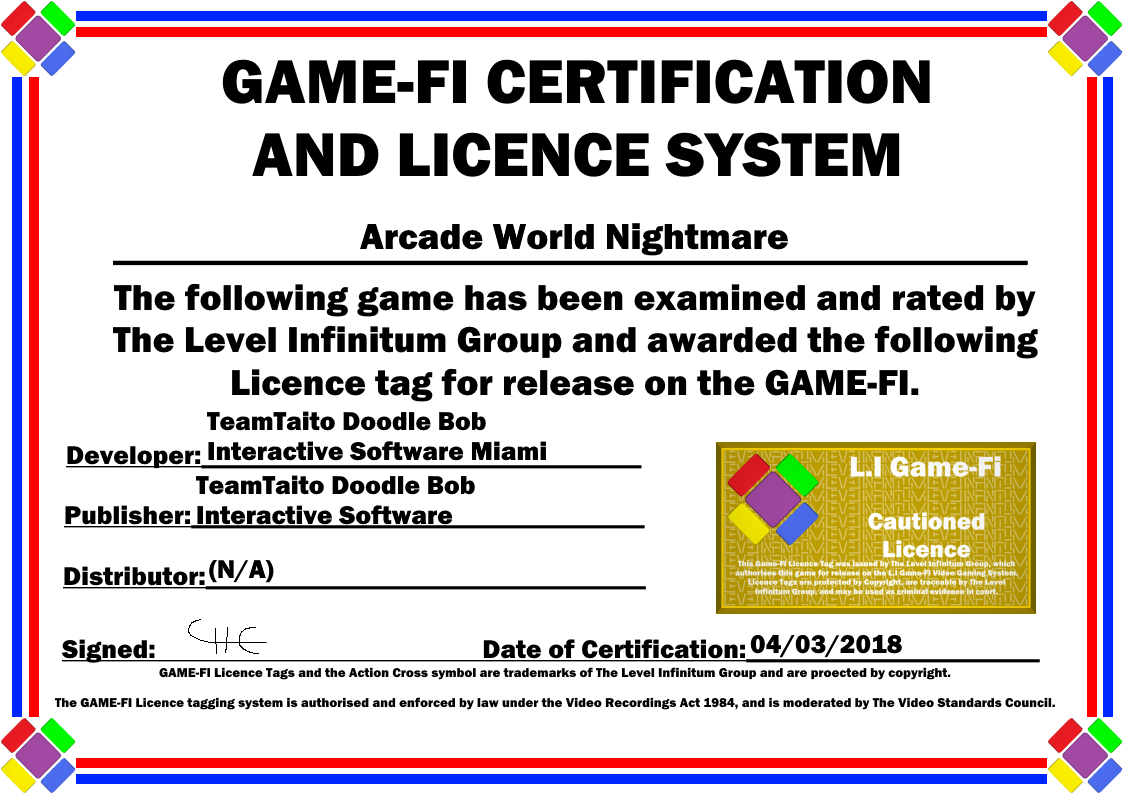 Arcade World Nightmare Game-Fi Certificate