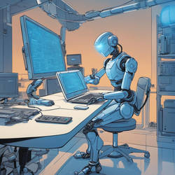 Robot sits at a futuristic desk with a computer