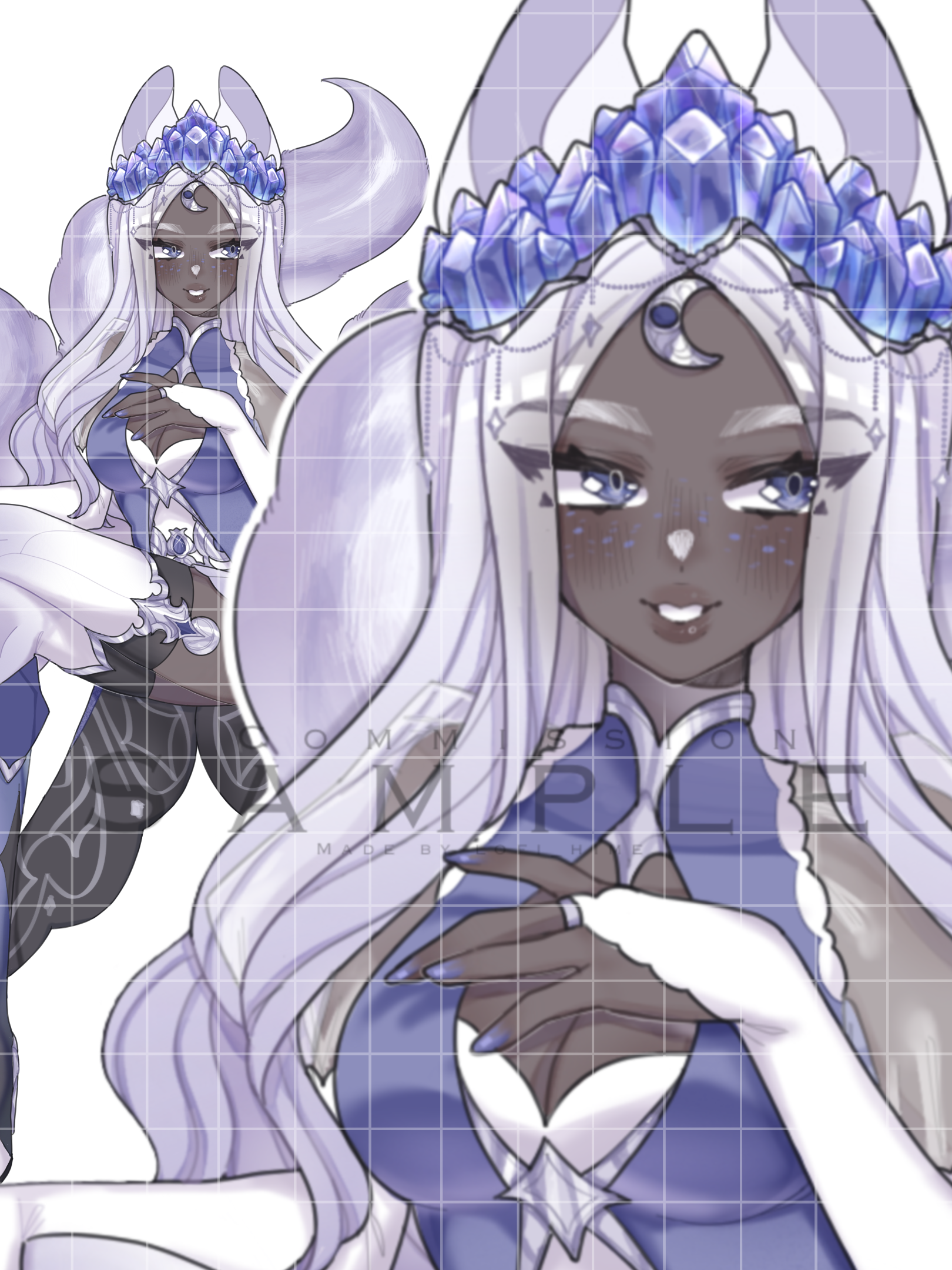 Anime queen with long white hair, blue eyes and tanned skin