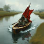 Soldier's crossing a moat in a boat
