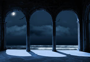 Arches with moon ocean waves and birds