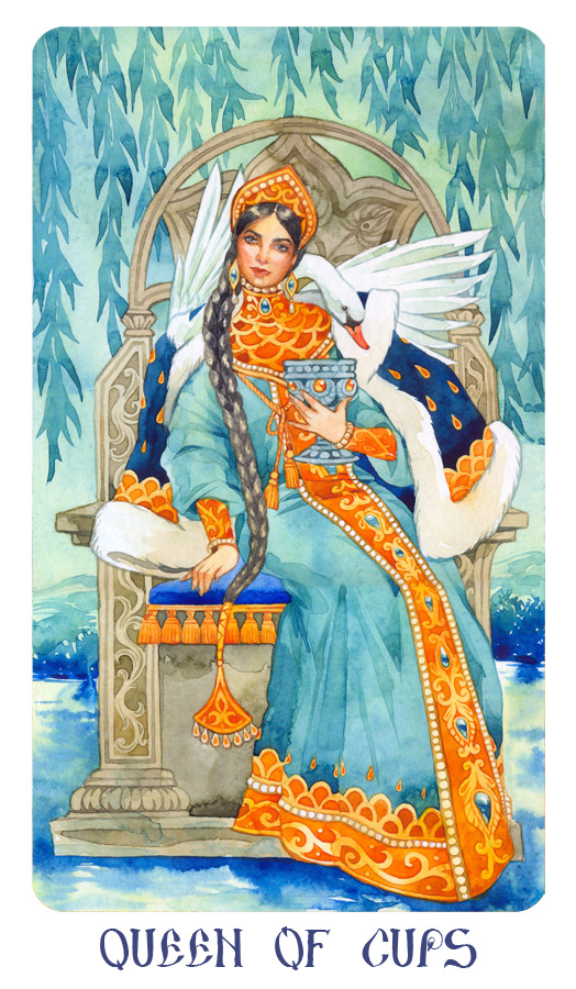 Artistic depiction of the Queen of Cups in a dynamic pose, symbolizing her playful and emotional duality