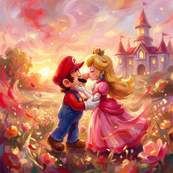 Mario and Princess Peach kissing painting