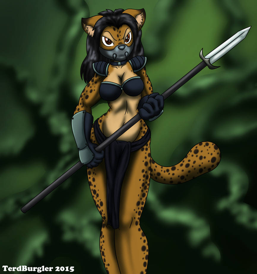 Catfolk Jaguar Huntress Attacking / Werejaguar Lady / Cat Folk Female  Warrior