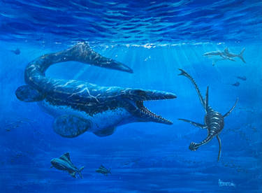 Tylosaurus hunting young Elasmosaurus