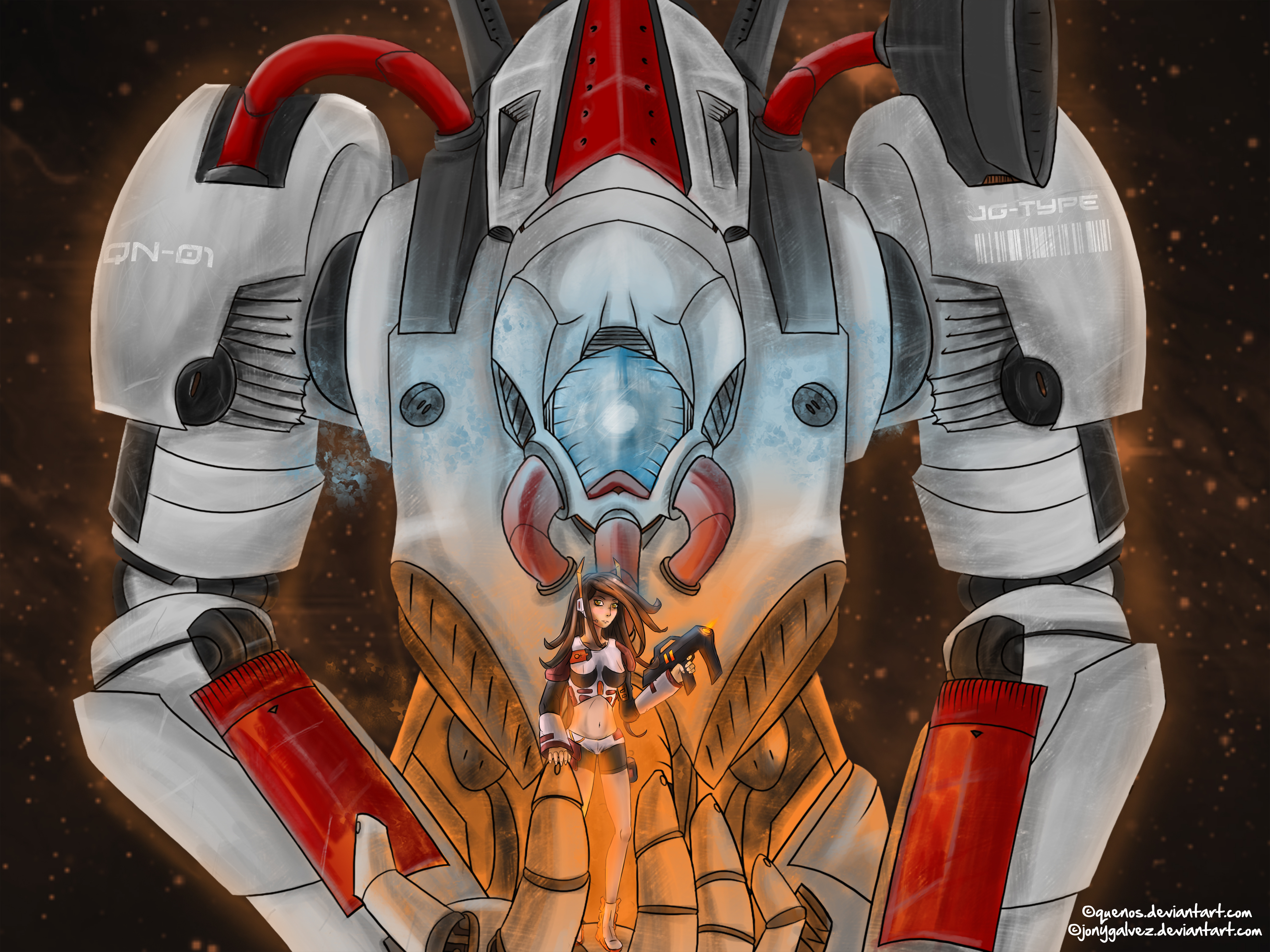 Art Collab w/QeNos: Mecha and girl in the space