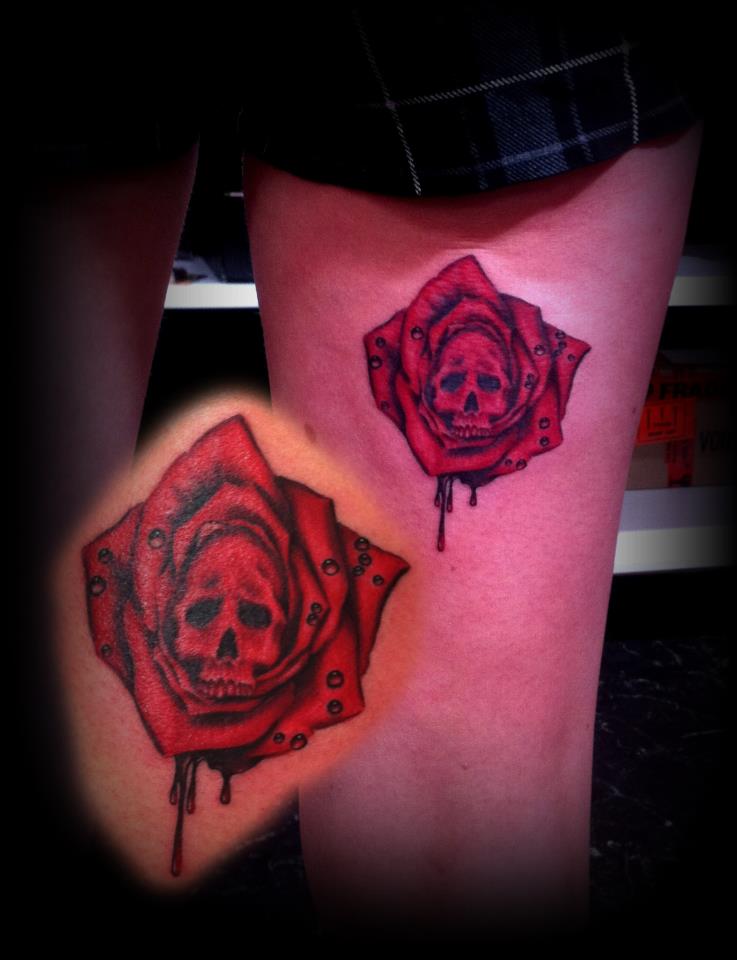 Skull rose red blood tattoo