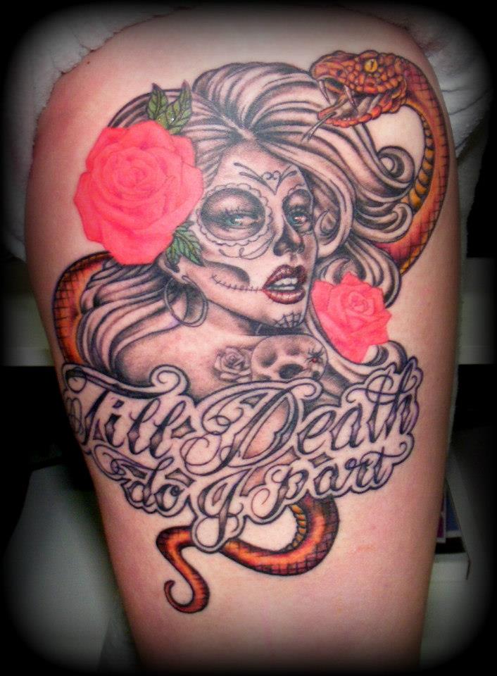 Day of the dead girl sugar skull and roses tattoo