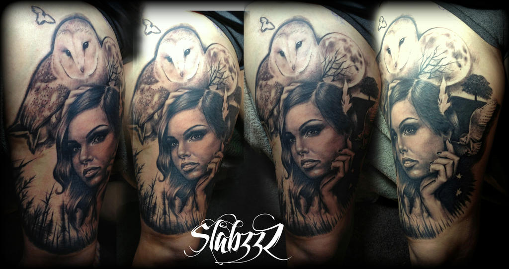 Owl girl portrait tattoo