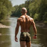 Shaved head soldier in a river