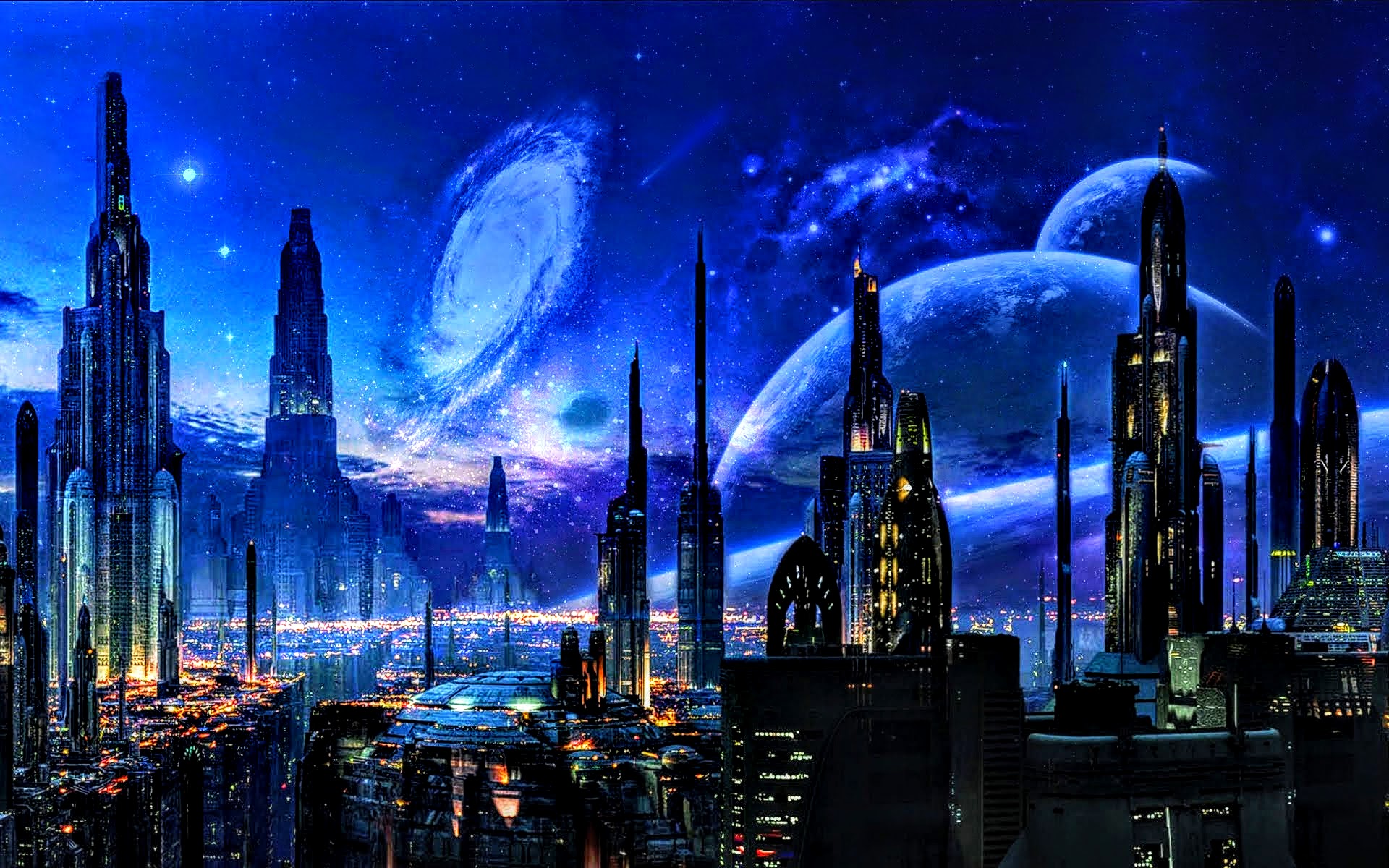 Futuristic city and blue space scenery beyond