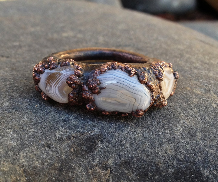 Tatted Lace Ring, Copper and Lace Agate