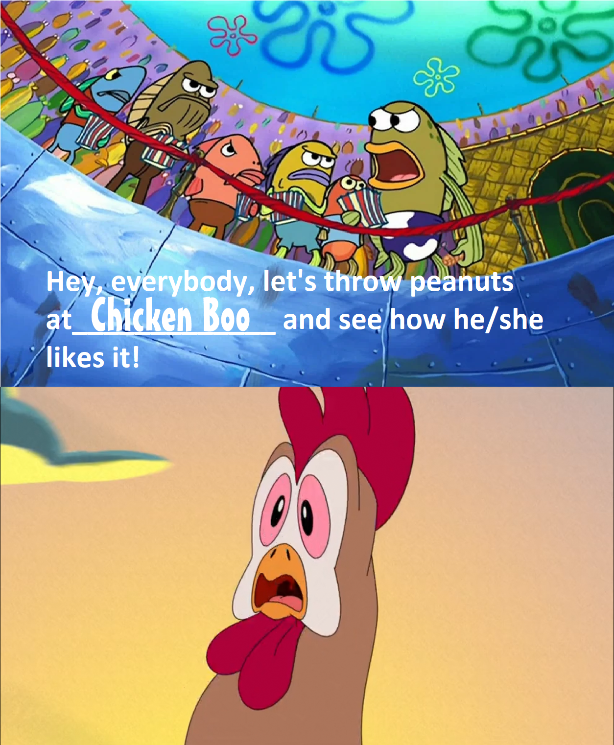 BB citizens throw peanuts at Chicken Boo by PeruAlonso on DeviantArt