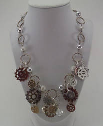 Steampunk Gear Charm Necklace Silver Chain