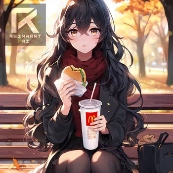 Girl Sitting On A Park Bench Enjoying MCD Meal